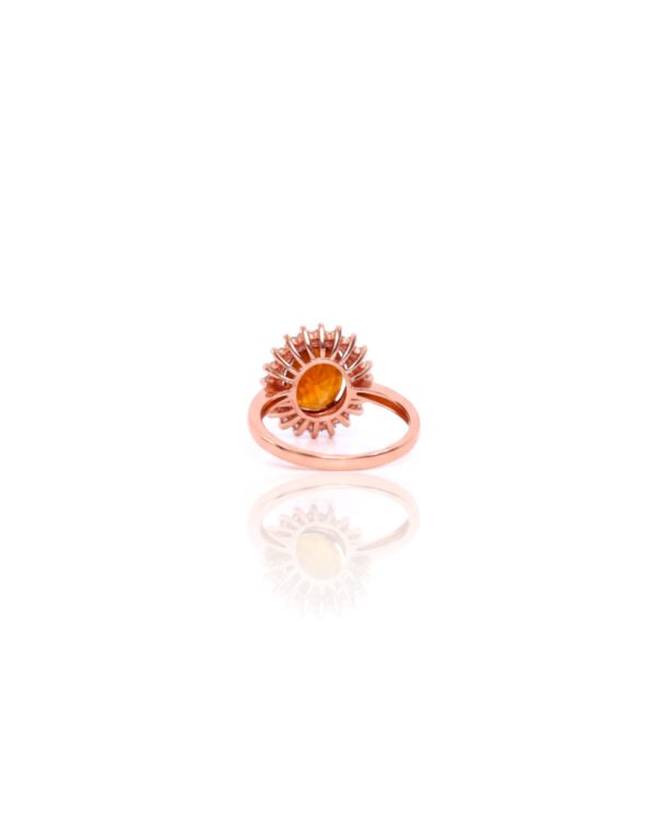 Rear view of rose gold adjustable Hessonite Garnet halo ring