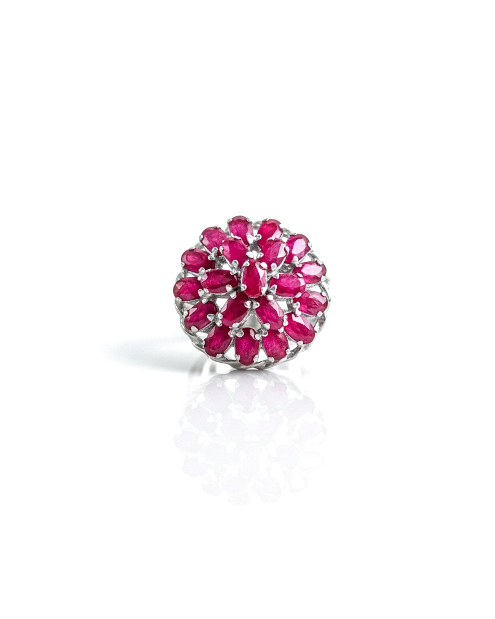 Handcrafted 925 silver cocktail ring with rose flower design adorned with natural ruby – L66602