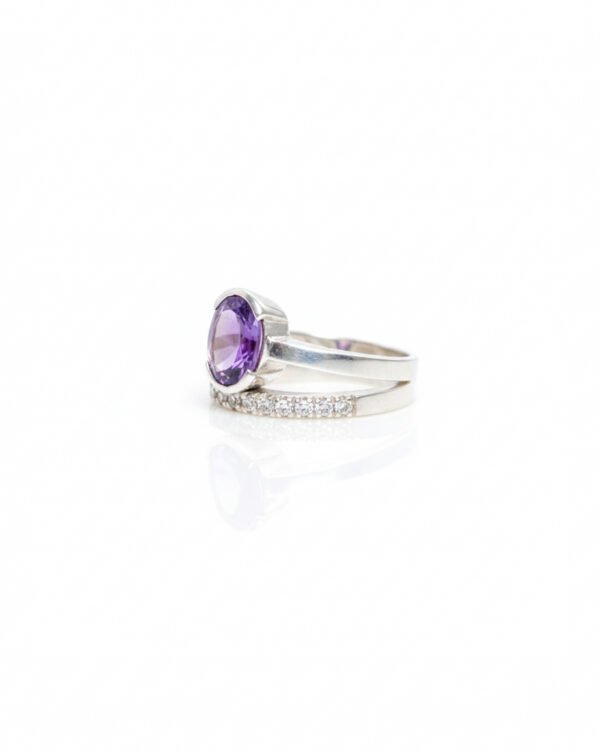 Side view of Silver Amethyst Half Double Band Ring with 925 sterling silver and white sapphire accents