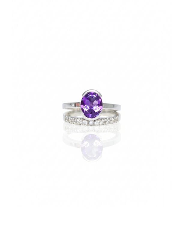 Silver Amethyst Half Double Band Ring front view with 925 sterling silver and white sapphires