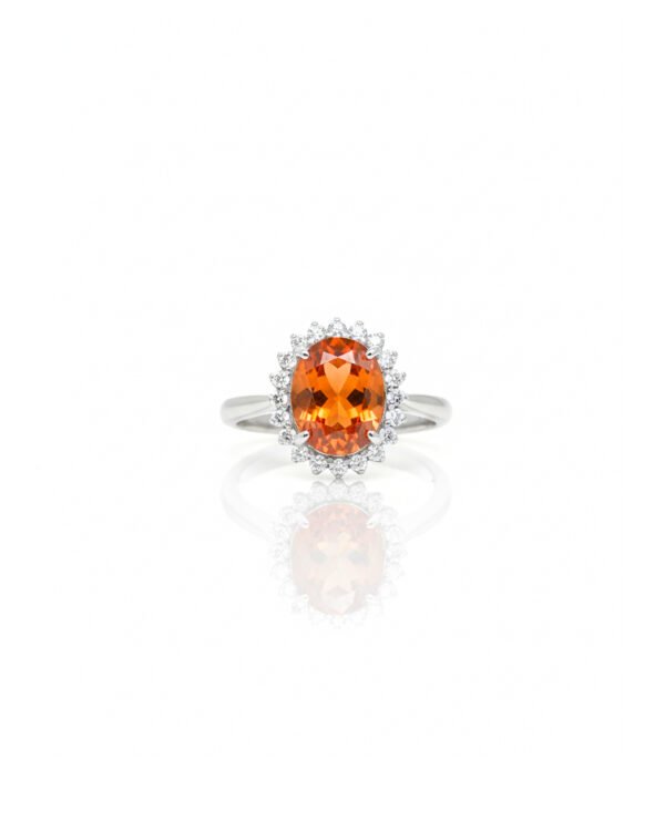 925 Sterling Silver Halo Ring with Oval Hessonite Garnet Center and American Diamond Halo – Front View
