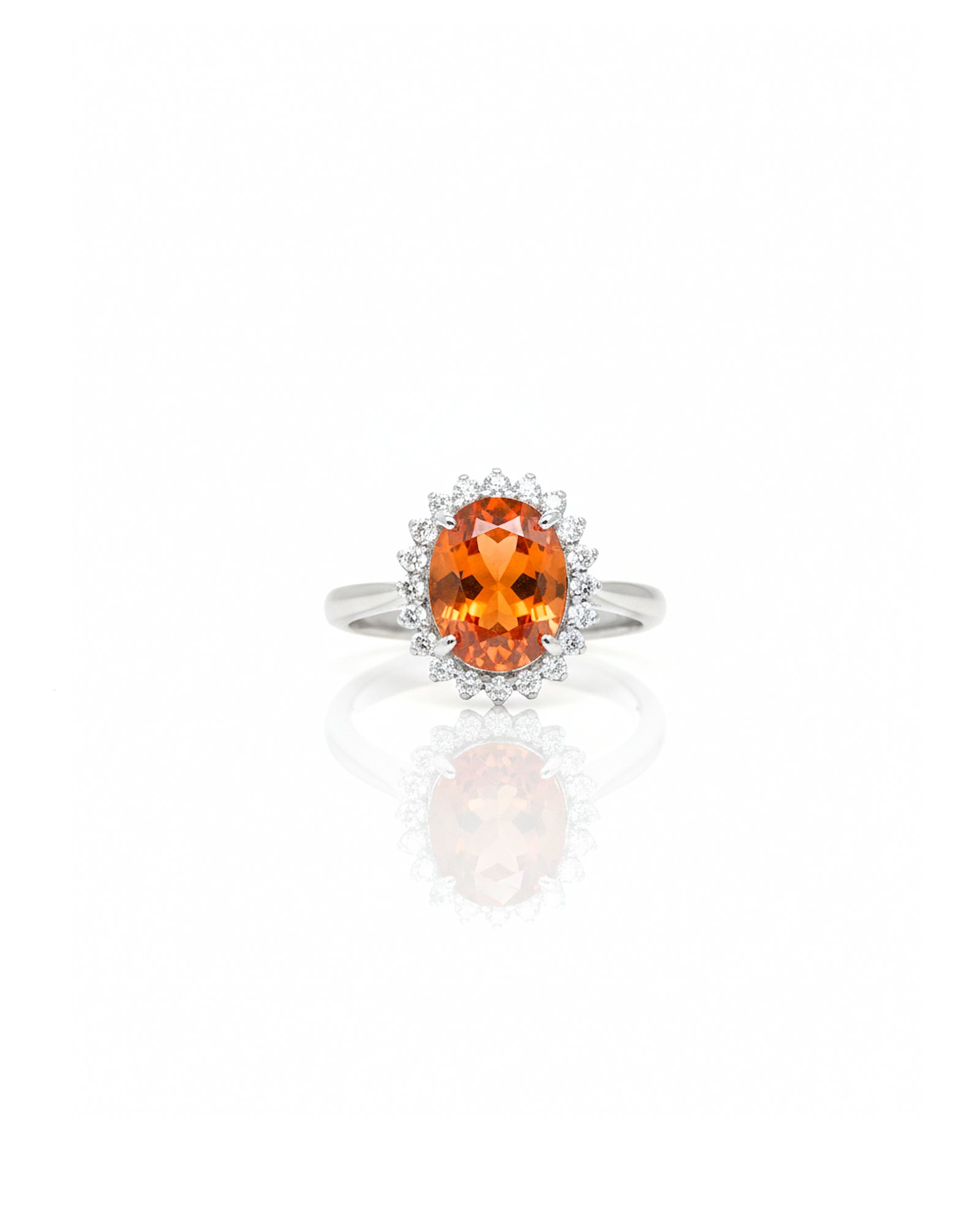 925 Sterling Silver Halo Ring with Oval Hessonite Garnet Center and American Diamond Halo – Front View