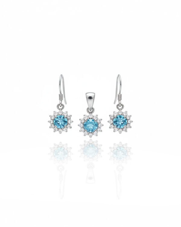 Silver Halo Earrings and Pendant Set with Blue Topaz and White Topaz – 925 Silver Jewellery Sri Lanka
