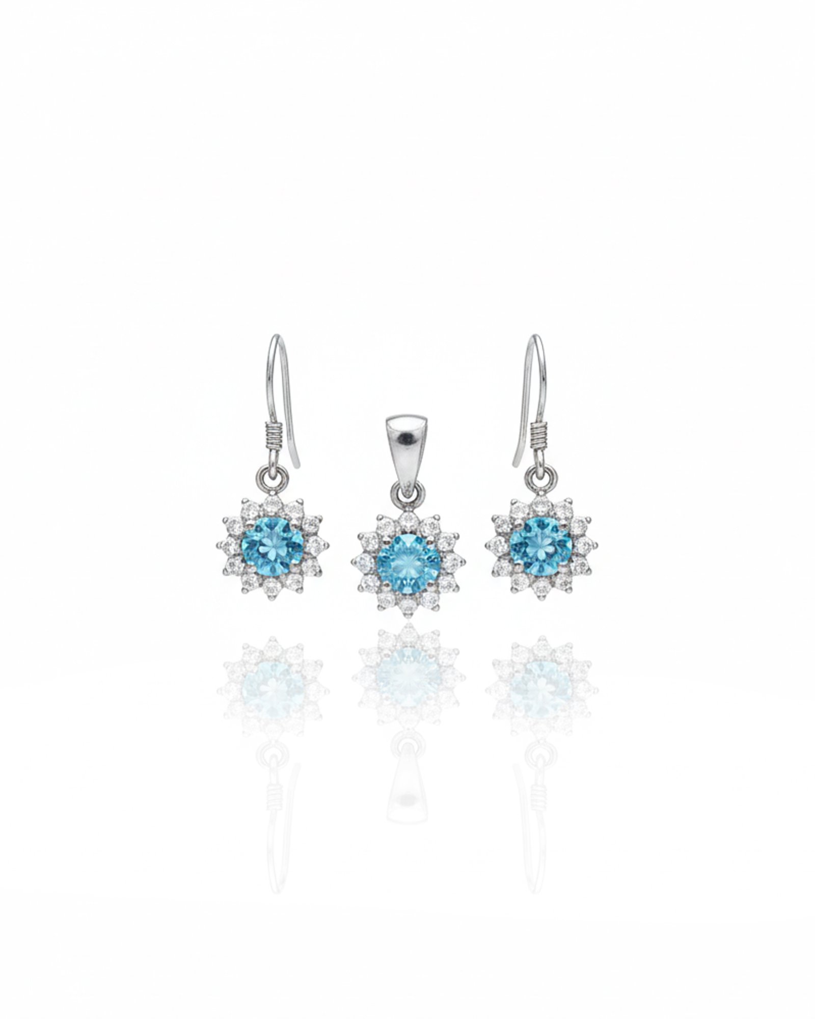 Silver Halo Earrings and Pendant Set with Blue Topaz and White Topaz – 925 Silver Jewellery Sri Lanka