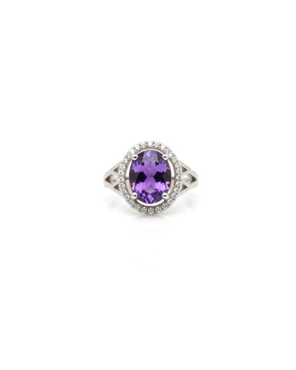Front view of silver halo ring with Amethyst gemstone and American Diamonds