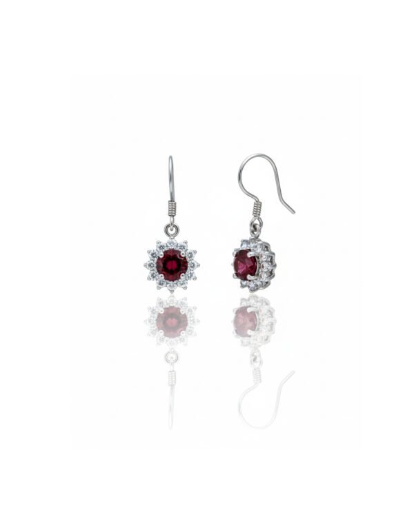 925 Silver Garnet and White Topaz Halo Dangle Earrings Front View