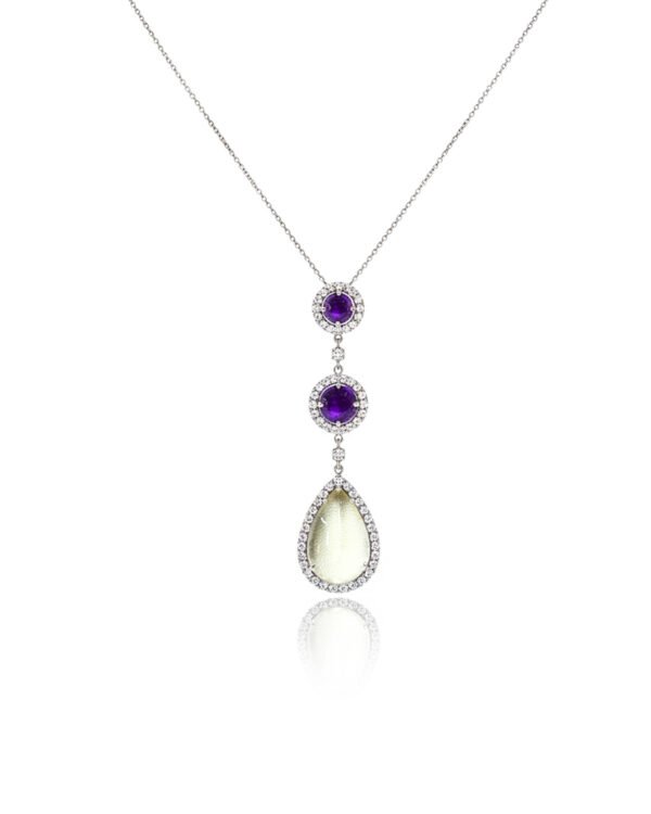 Front view of 925 Sterling Silver Drop / Lavalier Pendant featuring Amethyst and Lemon Quartz gemstones with White Sapphire halo. Elegant and versatile jewelry for gifting or daily wear