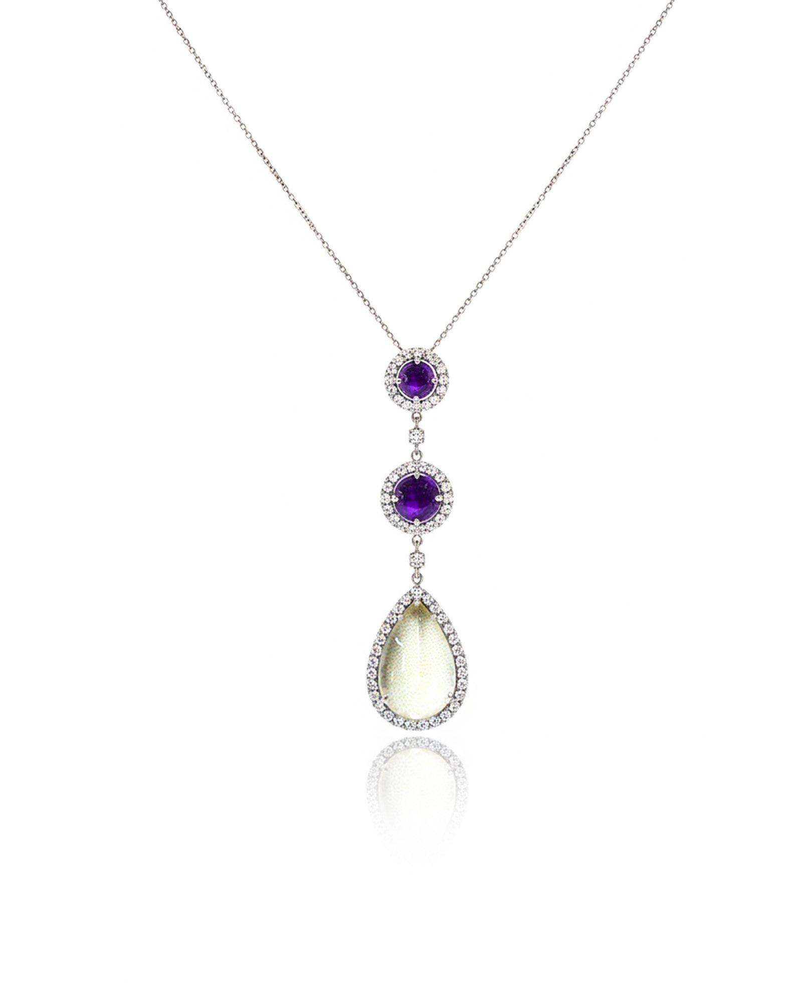Front view of 925 Sterling Silver Drop / Lavalier Pendant featuring Amethyst and Lemon Quartz gemstones with White Sapphire halo. Elegant and versatile jewelry for gifting or daily wear