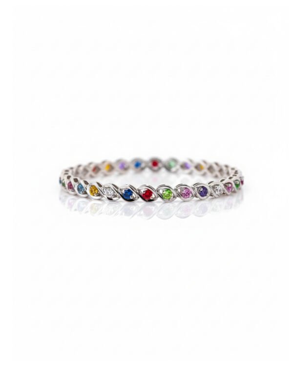 925 silver rainbow sapphire tennis bracelet front view, multicolor sapphire gemstones, bezel setting, L66623