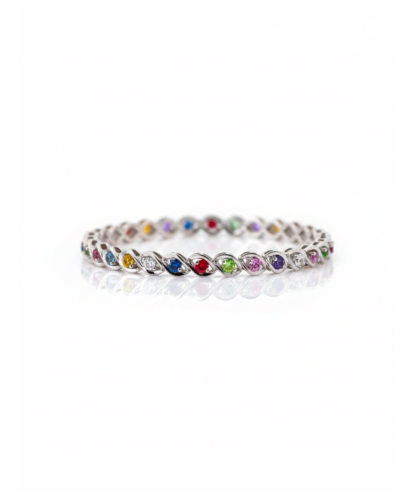 925 silver rainbow sapphire tennis bracelet front view, multicolor sapphire gemstones, bezel setting, L66623