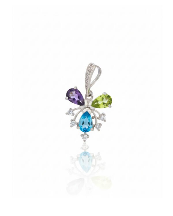 925 Silver Multi-Color Flower Cluster Pendant L66640 – Amethyst, Peridot, Blue Topaz, White Sapphires, Sterling Silver Jewelry