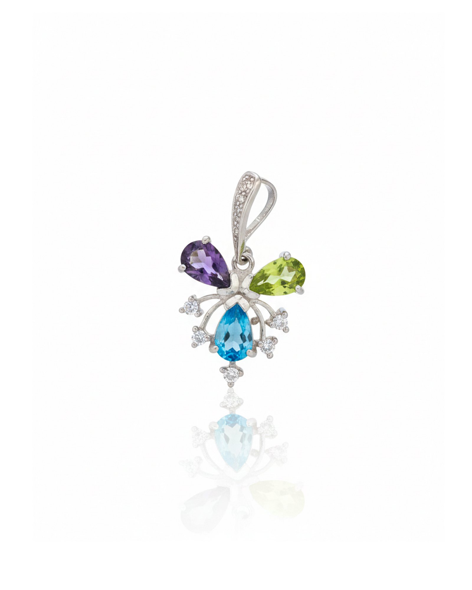 925 Silver Multi-Color Flower Cluster Pendant L66640 – Amethyst, Peridot, Blue Topaz, White Sapphires, Sterling Silver Jewelry