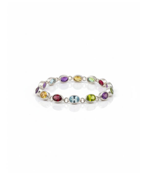 Front view of 925 sterling silver multi-gemstone link bracelet featuring Garnet, Citrine, Amethyst, Peridot, and Blue Topaz