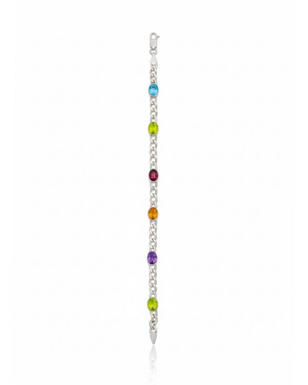 925 Silver Multi-Gemstone Chain Link Bracelet L66635 – Citrine, Peridot, Blue Topaz, Amethyst, Garnet Unisex Jewelry