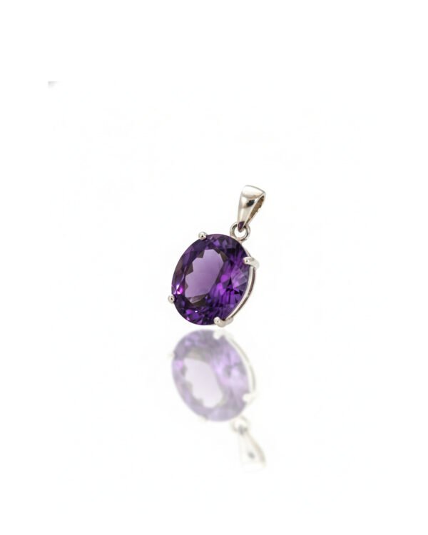 925 Sterling Silver Solitaire Pendant with Oval Amethyst Gemstone – Front View, February Birthstone Jewelry