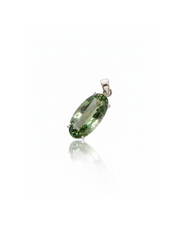 Front view of 925 silver prasiolite green amethyst solitaire pendant L66629 with oval-cut gemstone and prong setting