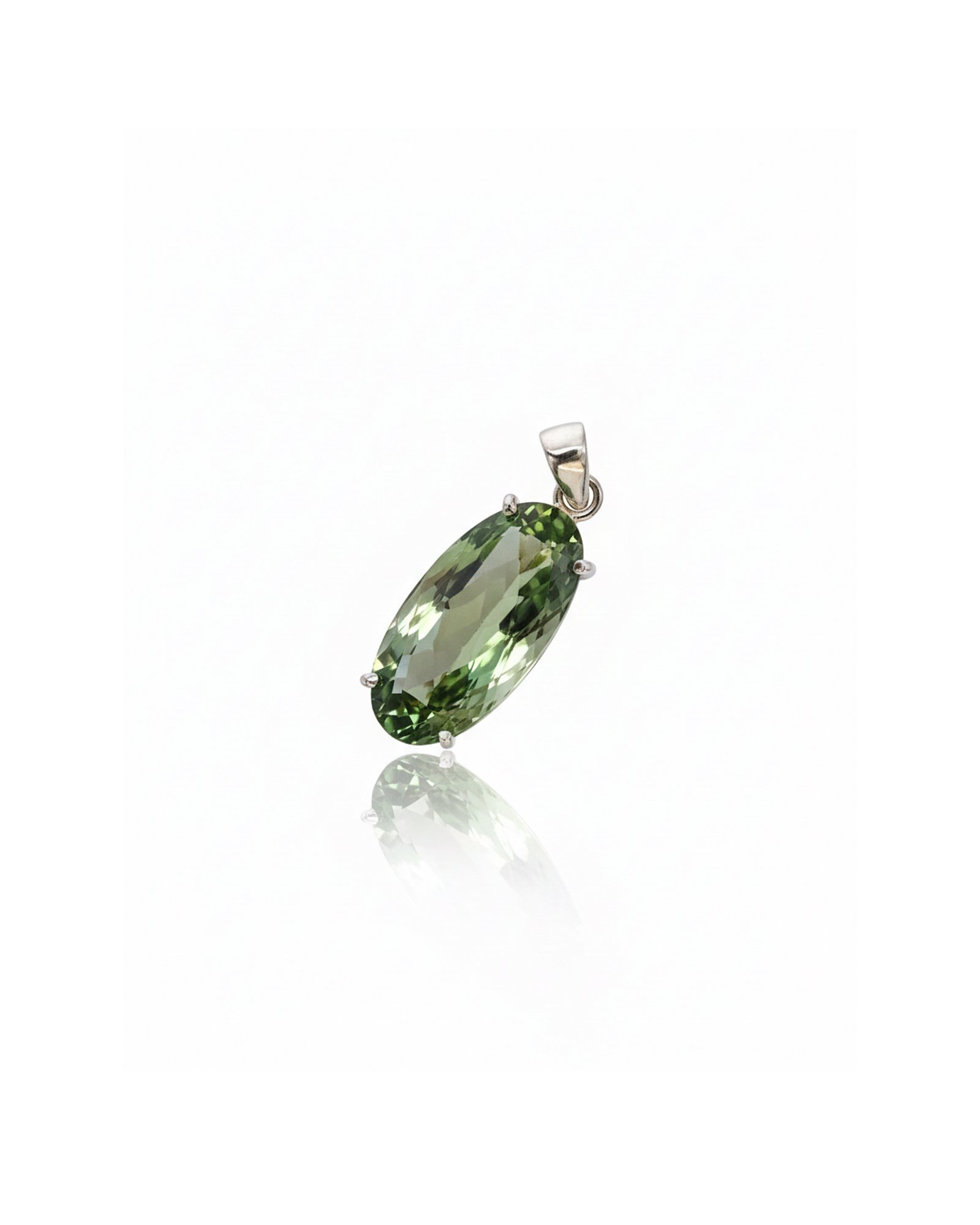 Front view of 925 silver prasiolite green amethyst solitaire pendant L66629 with oval-cut gemstone and prong setting