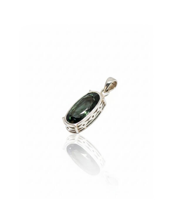 Rear view of 925 silver prasiolite green amethyst solitaire pendant L66629 showing back design and prong setting