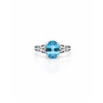925 Silver Blue Topaz Solitaire Ring L66639 – Front View with Carved Leaf and Floral Shank, Vintage Style Jewelry