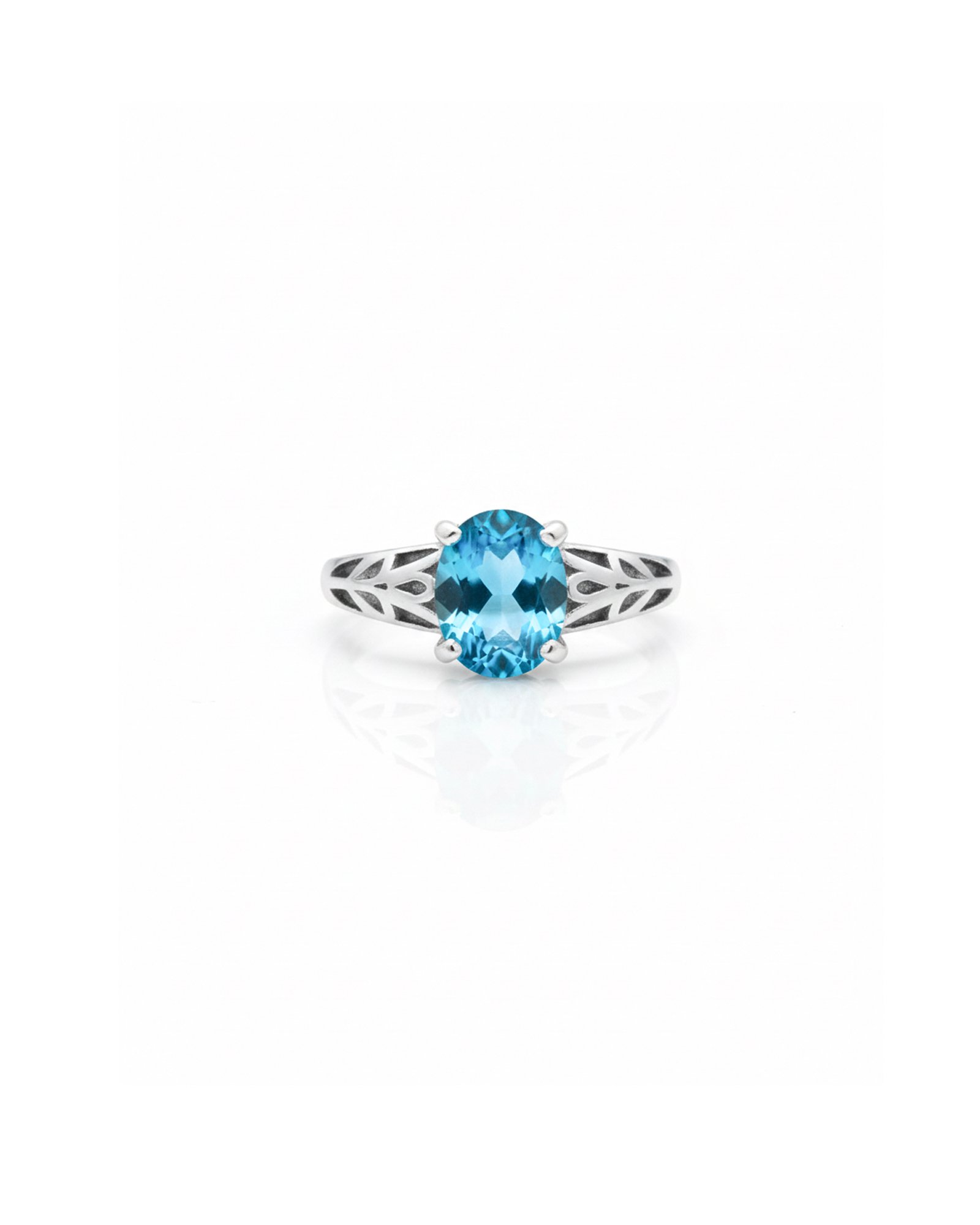 925 Silver Blue Topaz Solitaire Ring L66639 – Front View with Carved Leaf and Floral Shank, Vintage Style Jewelry