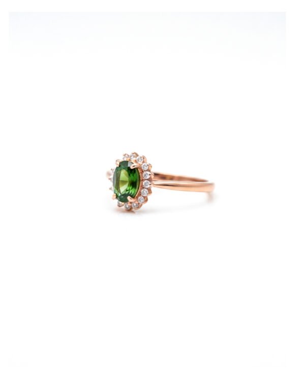 Side view of Silver Rose Gold Plated Adjustable Halo Ring with Diopside - L66610