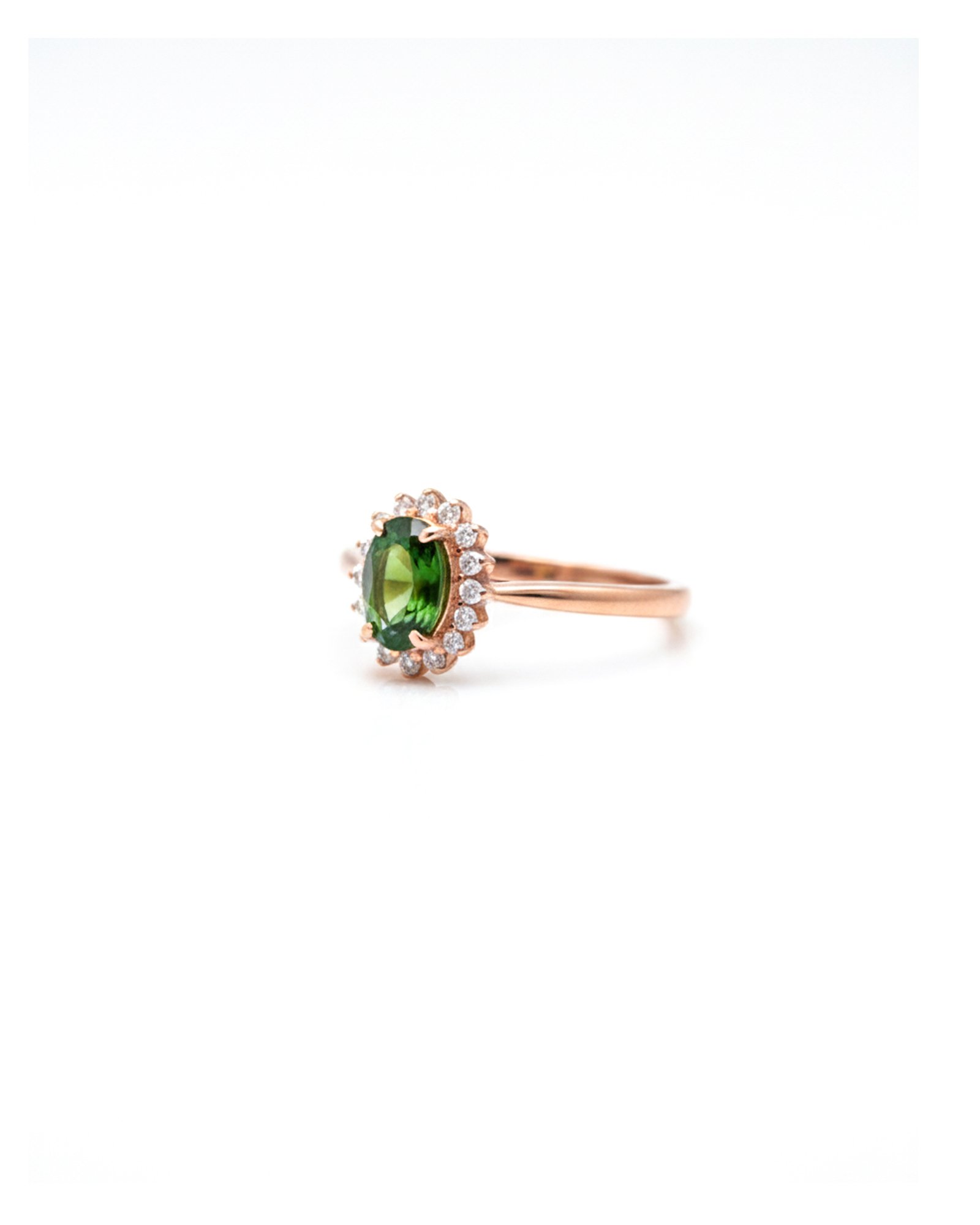 Side view of Silver Rose Gold Plated Adjustable Halo Ring with Diopside - L66610