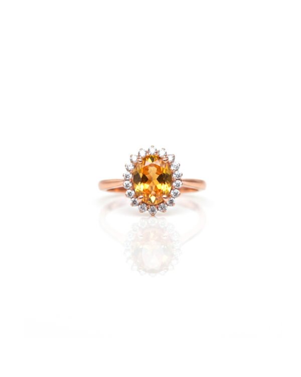 Rose Gold Plated Citrine Halo Ring L66619 Front View – Adjustable Gemstone Ring, Cocktail Ring, Birthstone Jewelry, Anniversary Gift
