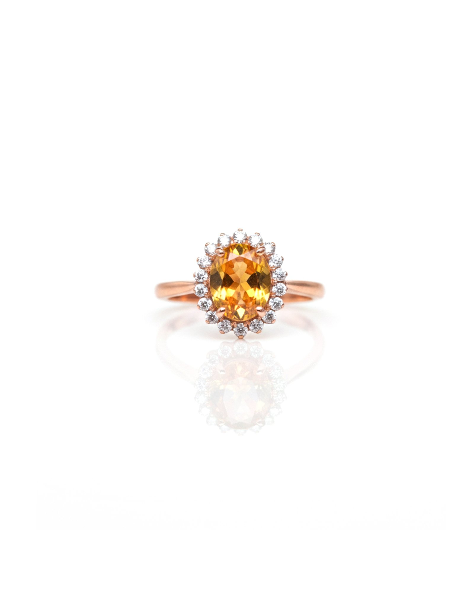 Rose Gold Plated Citrine Halo Ring L66619 Front View – Adjustable Gemstone Ring, Cocktail Ring, Birthstone Jewelry, Anniversary Gift