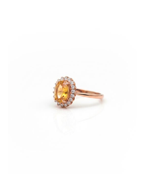 Rose Gold Plated Citrine Halo Ring L66619 Side View – Adjustable Fashion Jewelry, Luxury Cocktail Ring, Birthstone Ring