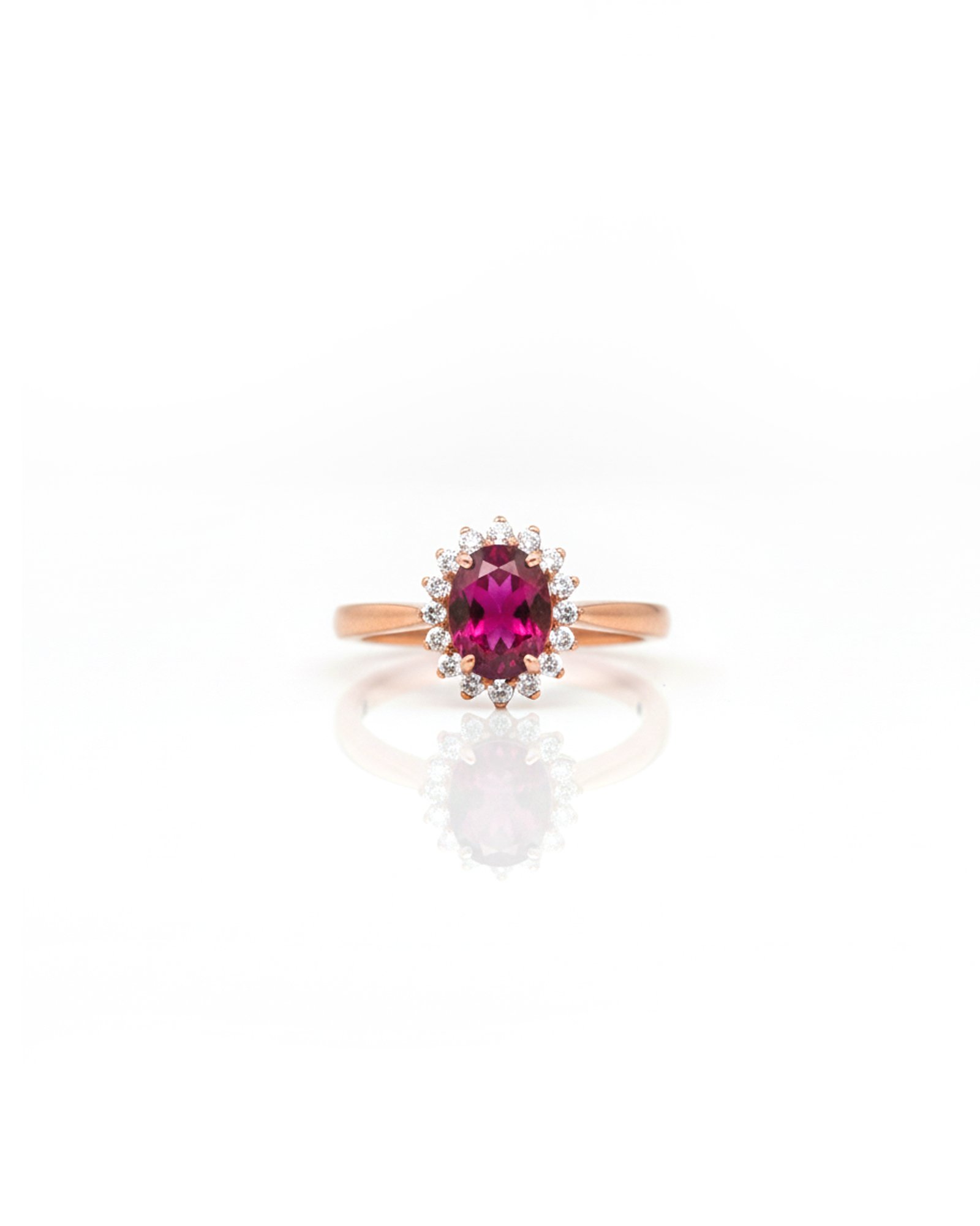 Rose Gold Plated Halo Ring L66638 – Oval Garnet with American Diamonds, Front View, Elegant Sterling Silver Jewelry