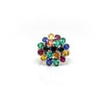 Front view of silver flower cluster ring with multicolor sapphire gemstones