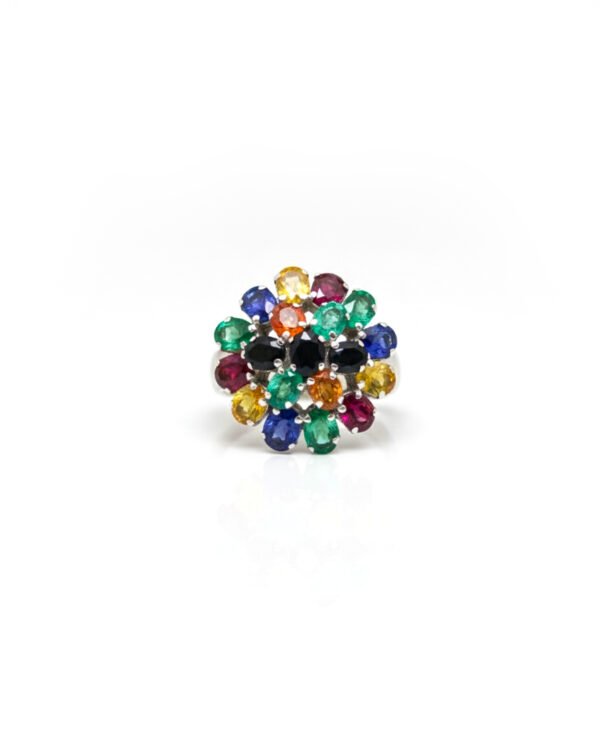 Front view of silver flower cluster ring with multicolor sapphire gemstones