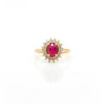 14K Gold Ruby and Diamond Double Cluster Halo Ring Front View