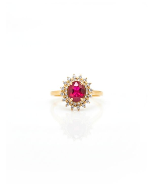 14K Gold Ruby and Diamond Double Cluster Halo Ring Front View