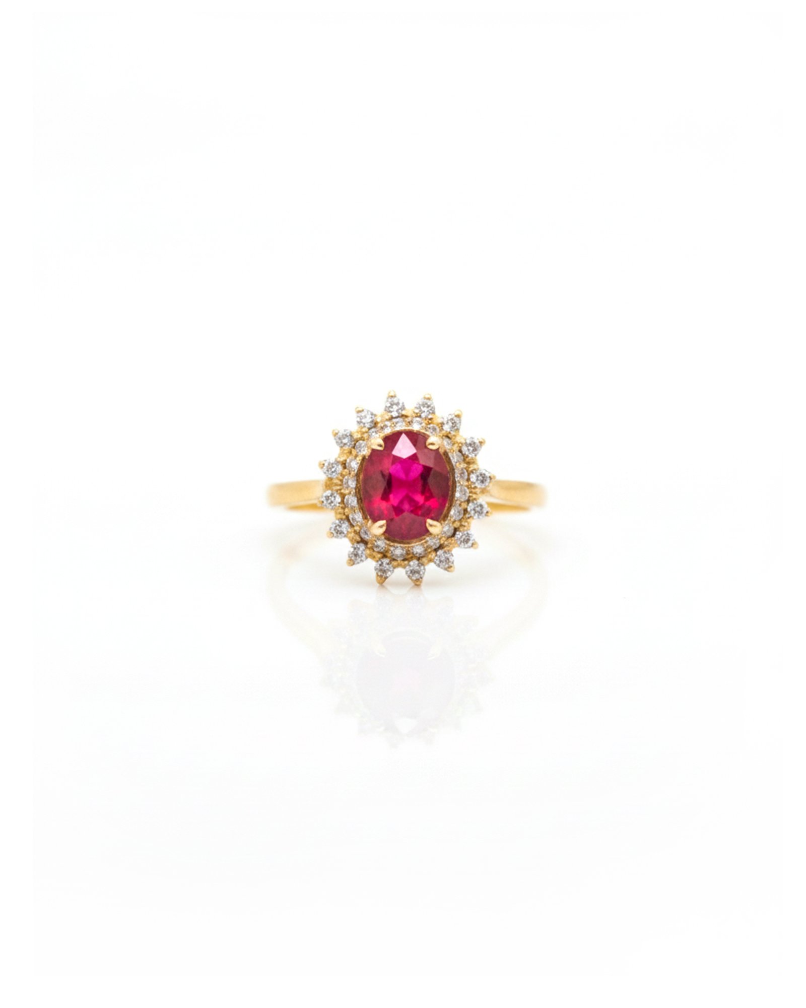 14K Gold Ruby and Diamond Double Cluster Halo Ring Front View