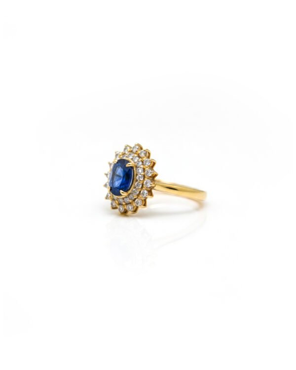 Side view of 14K Gold Double Cluster Ring with Blue Sapphire and Diamonds - L66612