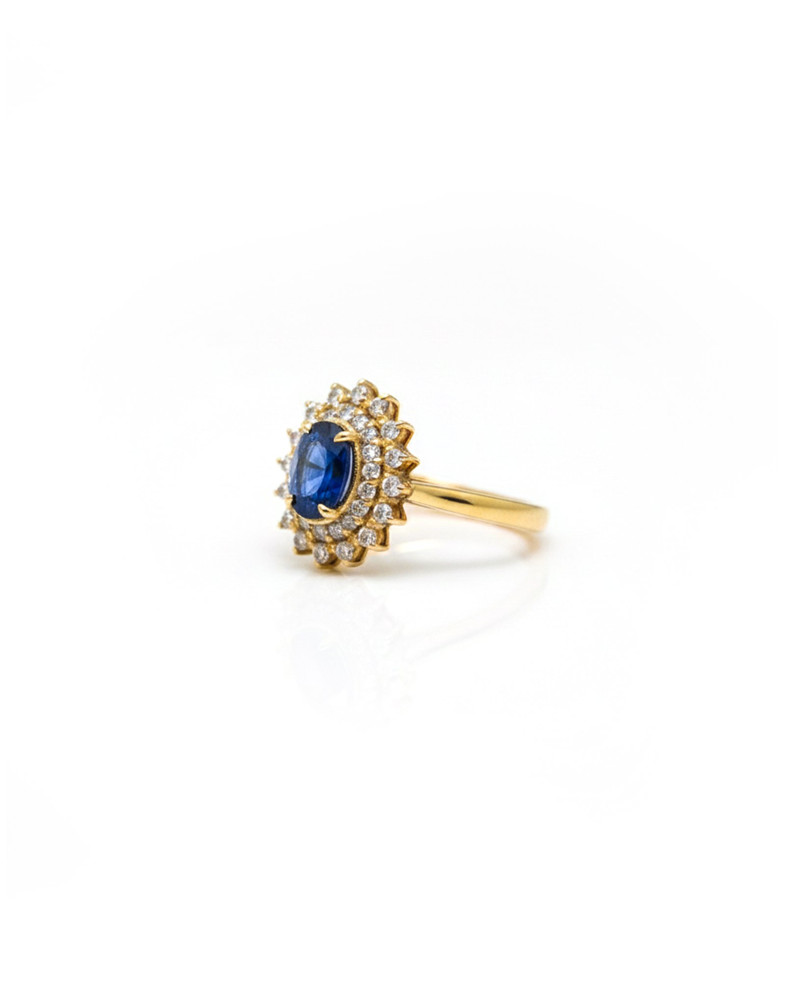 Side view of 14K Gold Double Cluster Ring with Blue Sapphire and Diamonds - L66612