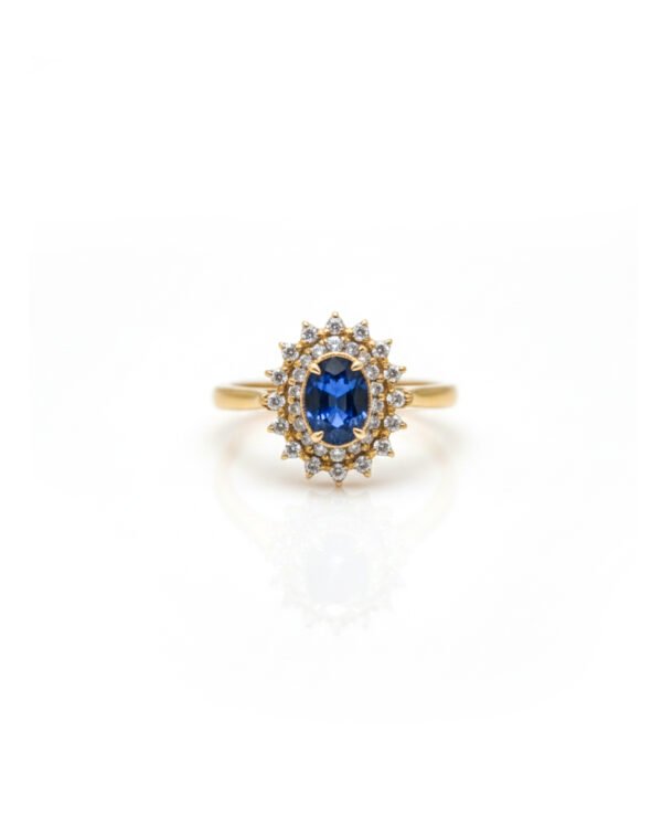 14K Gold Double Cluster Ring with Blue Sapphire and Diamonds - Front View - L66612