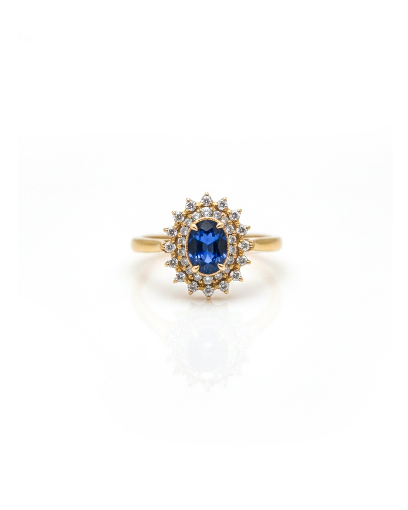 14K Gold Double Cluster Ring with Blue Sapphire and Diamonds - Front View - L66612