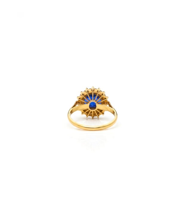 Rear view of 14K Gold Double Cluster Ring with Blue Sapphire and Diamonds - L66612
