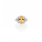 Front view of 925 silver citrine halo ring with round-cut citrine and American diamond accents – L66644