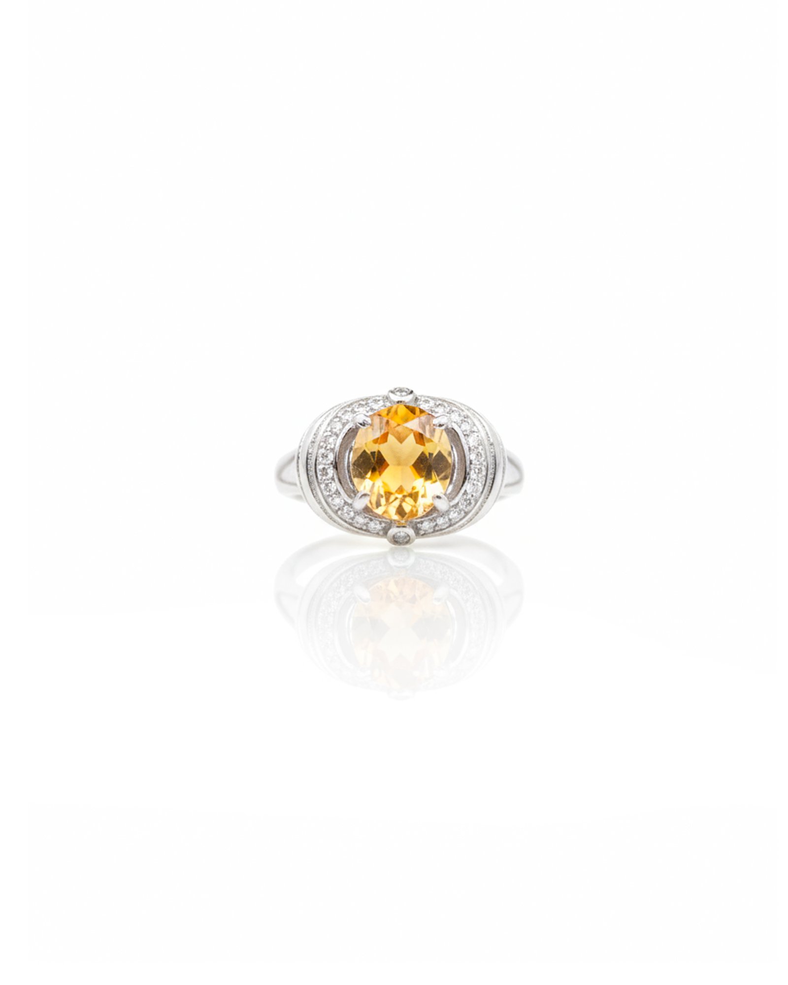 Front view of 925 silver citrine halo ring with round-cut citrine and American diamond accents – L66644