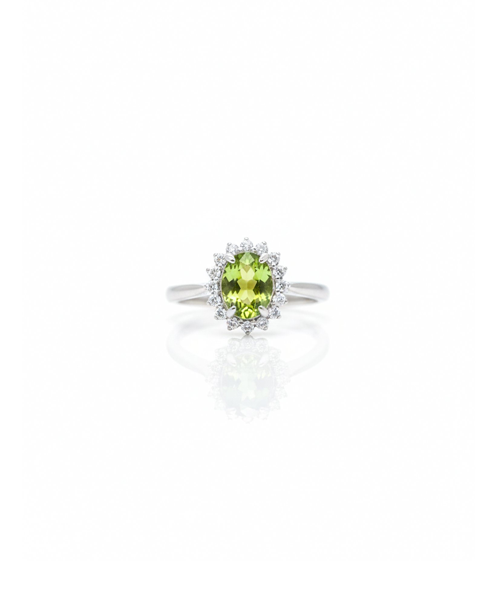 925 Silver Peridot Flower Halo Ring L66642 – Front View with Oval Peridot Center and Diamond Halo, Sterling Silver Floral Ring