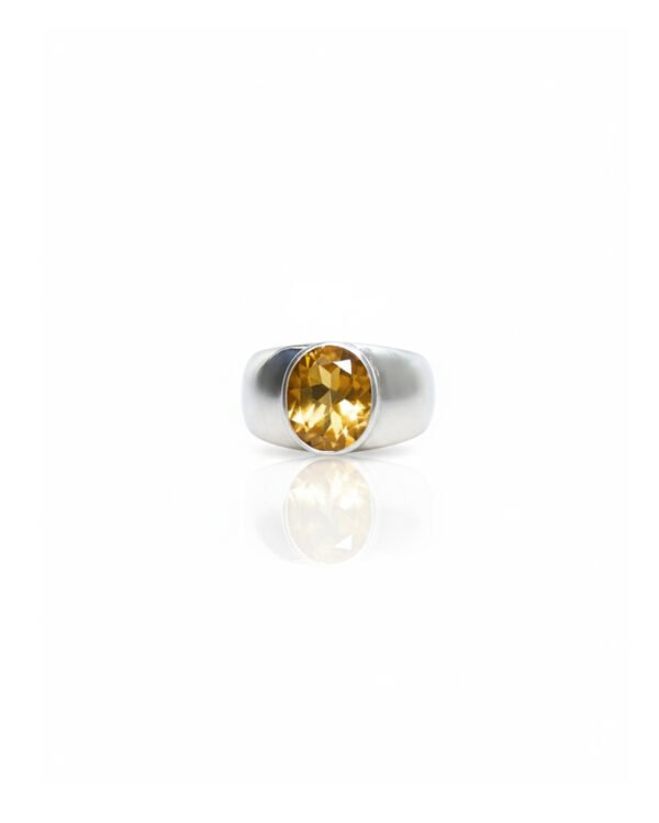 Front view of 925 silver citrine bezel set signet ring – chunky unisex statement ring, oval citrine gemstone