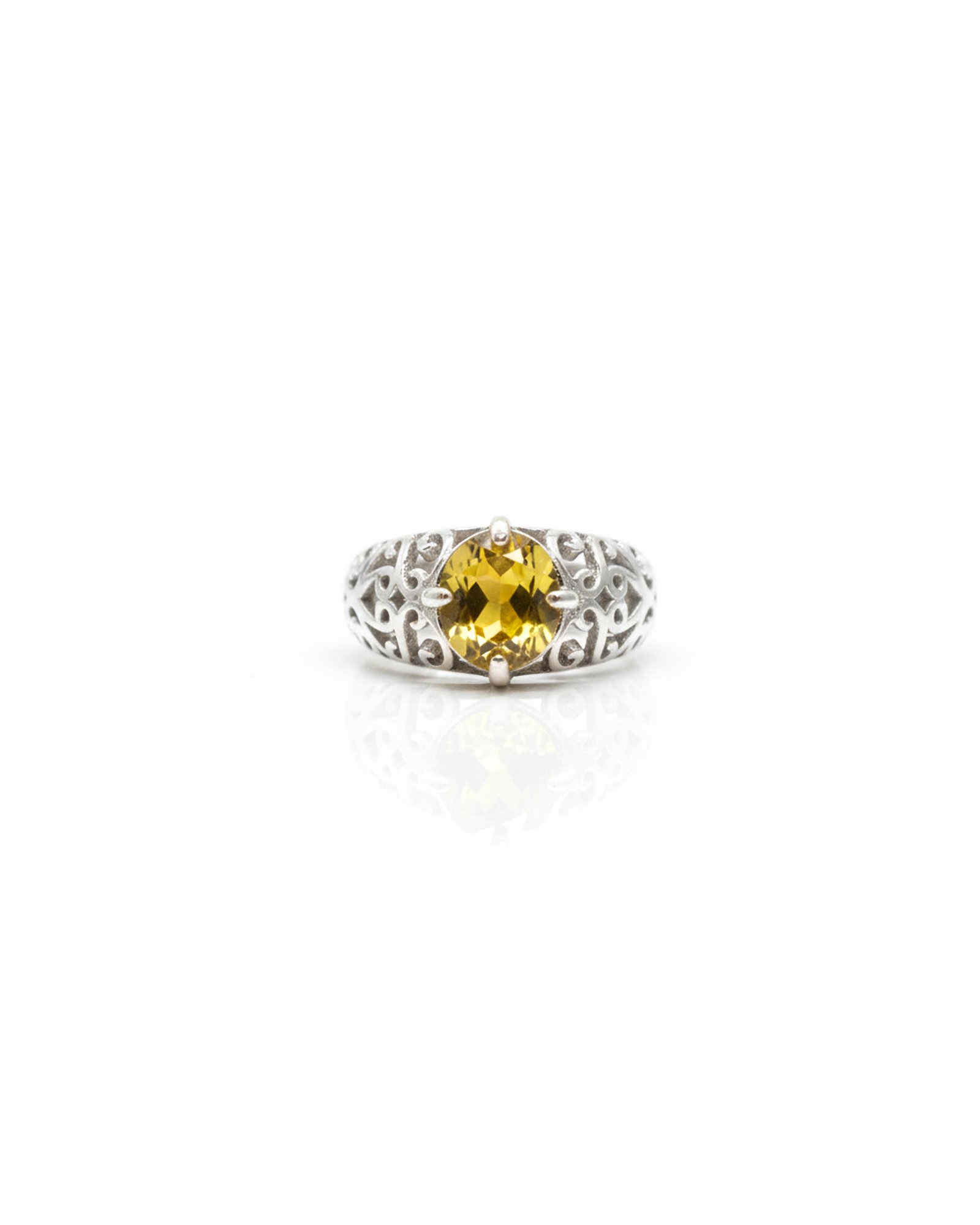 925 Silver Round Citrine Engraved Vintage Ring Front View – November Birthstone Jewelry