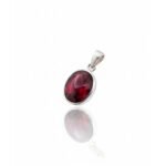 Front view of 925 silver garnet pendant necklace with oval red garnet in bezel setting – L66647