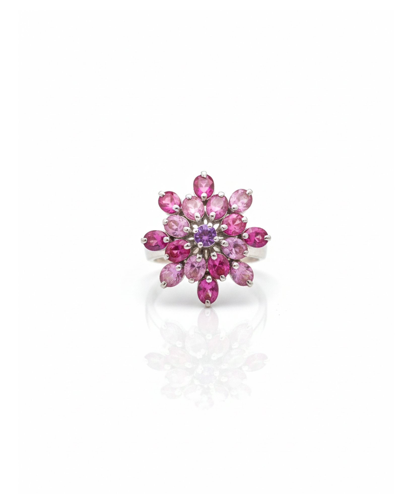 925 silver pink sapphire floral cluster ring front view – oval and round pink sapphire flower design