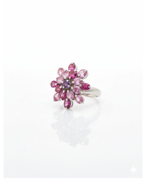 Side view silver pink sapphire cluster ring – floral gemstone design – L66649