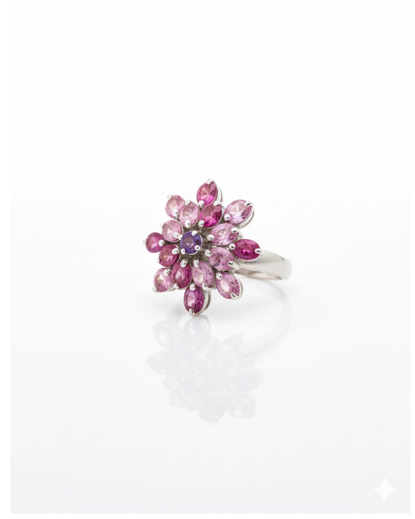 Side view silver pink sapphire cluster ring – floral gemstone design – L66649