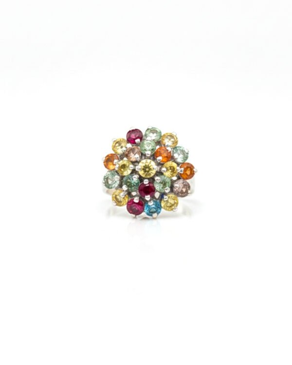 925 Silver Multi-Color Sapphire Ring – Front View, Domed Floral Cluster Design
